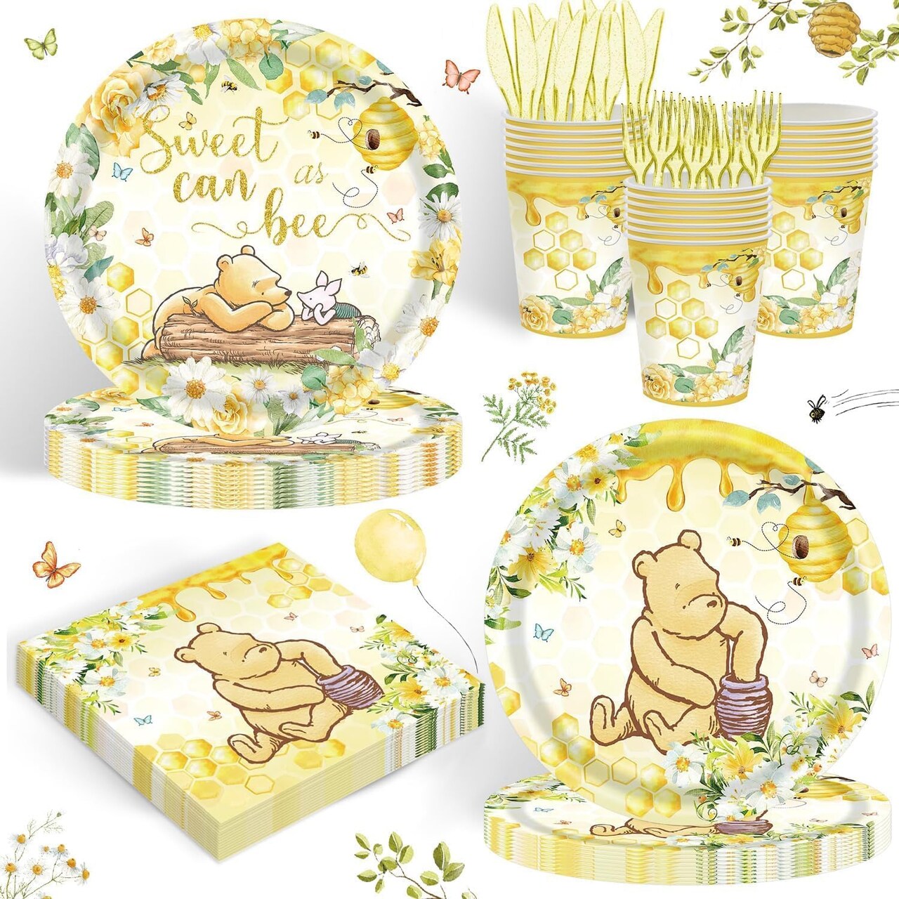120PCS Classic Winnie Bear Party Supplies for Girls Baby Shower Kids